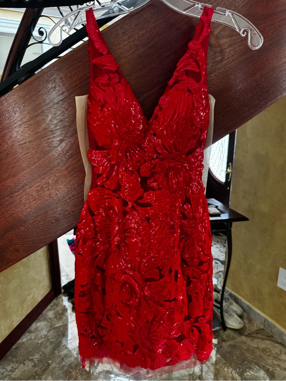 Jovani Red Sequin Floral V-Neck Mini Dress